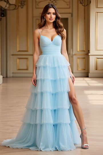 Robe de bal à bretelles spaghetti en tulle bleu ciel